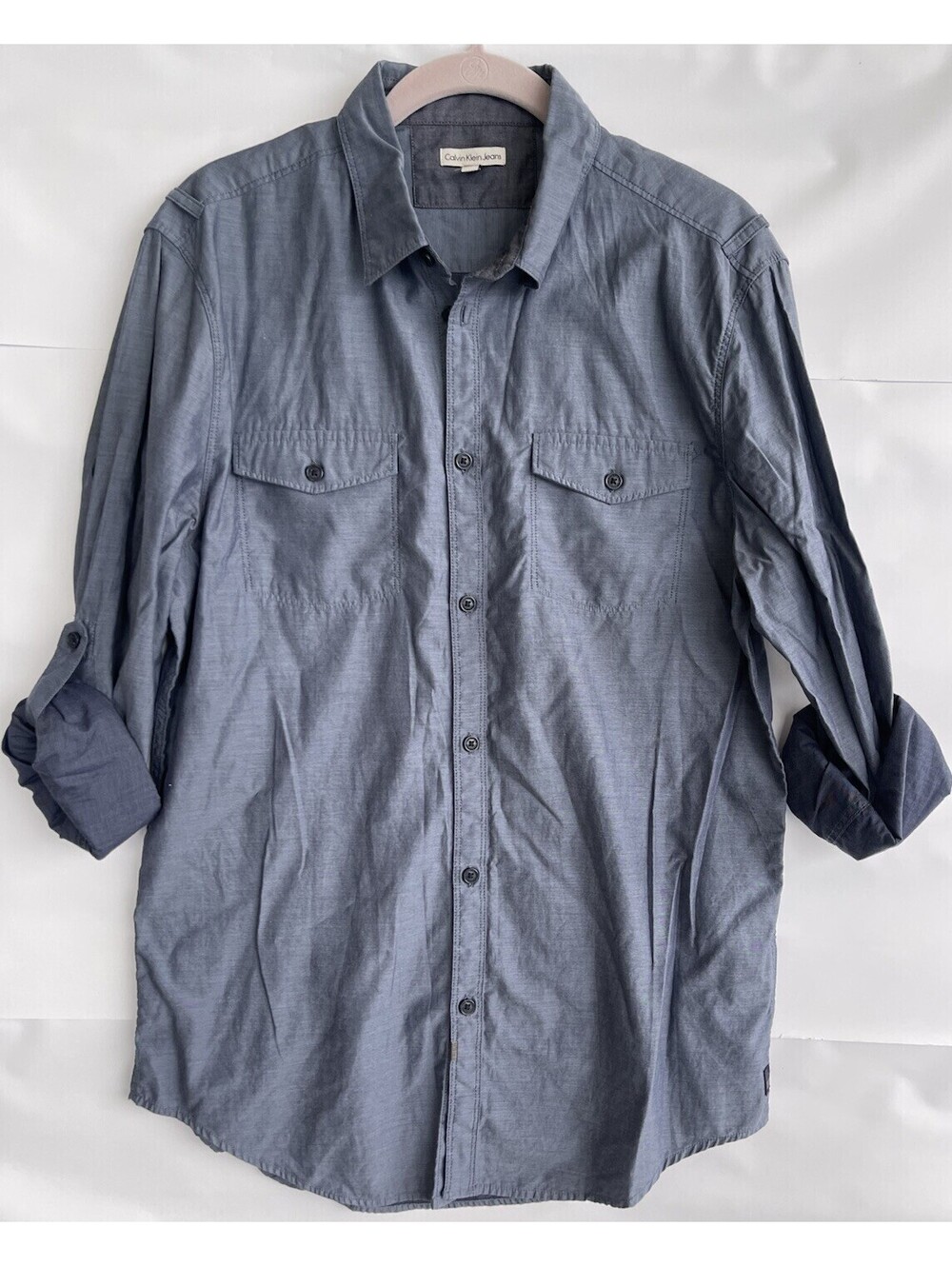 Calvin Klein Shirt Mens Medium Gray White Button Up Long Sleeve.